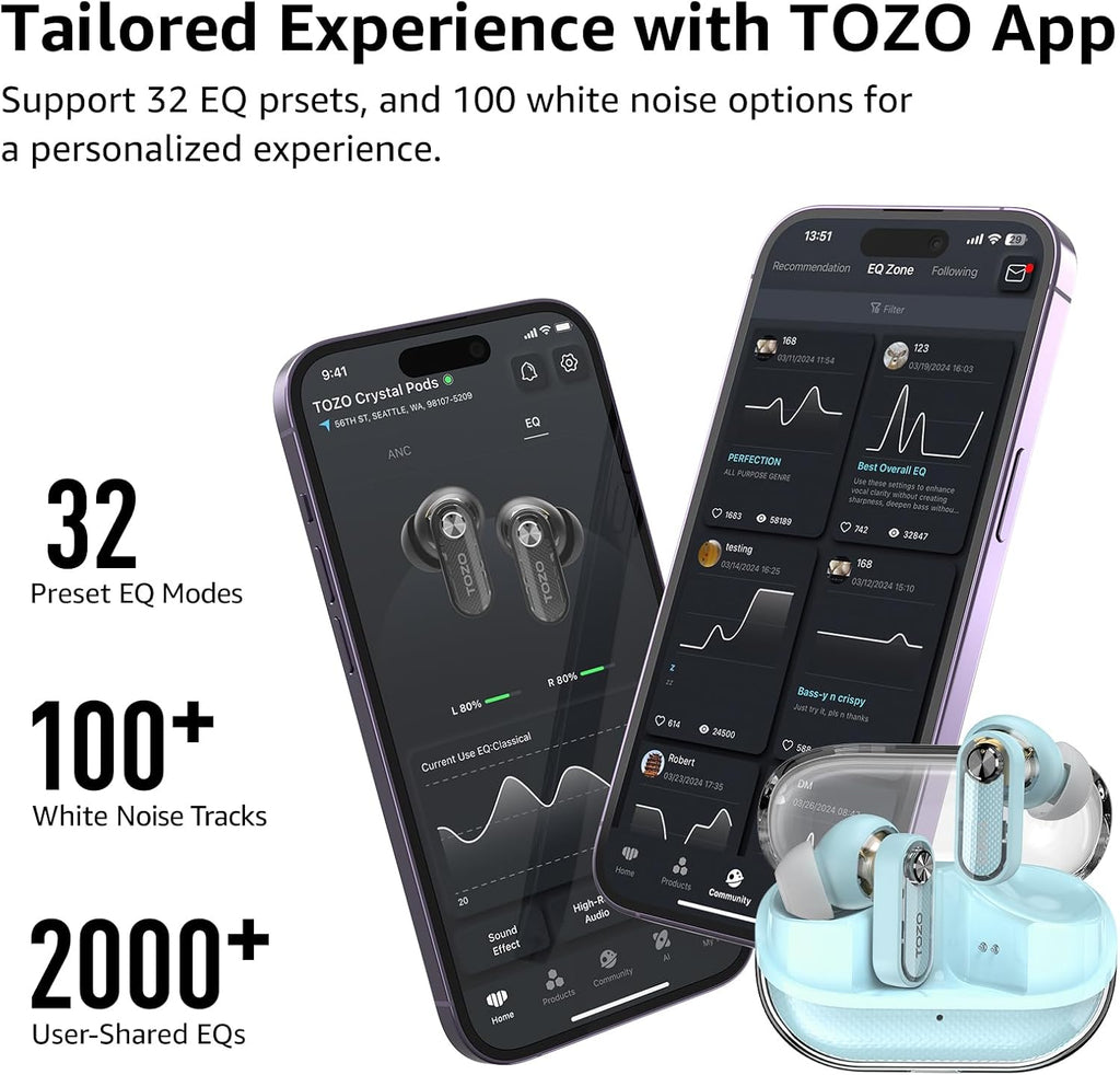 TOZO Crystal Pods Hybrid Active Noise Cancelling Wireless Earbuds - IPX5