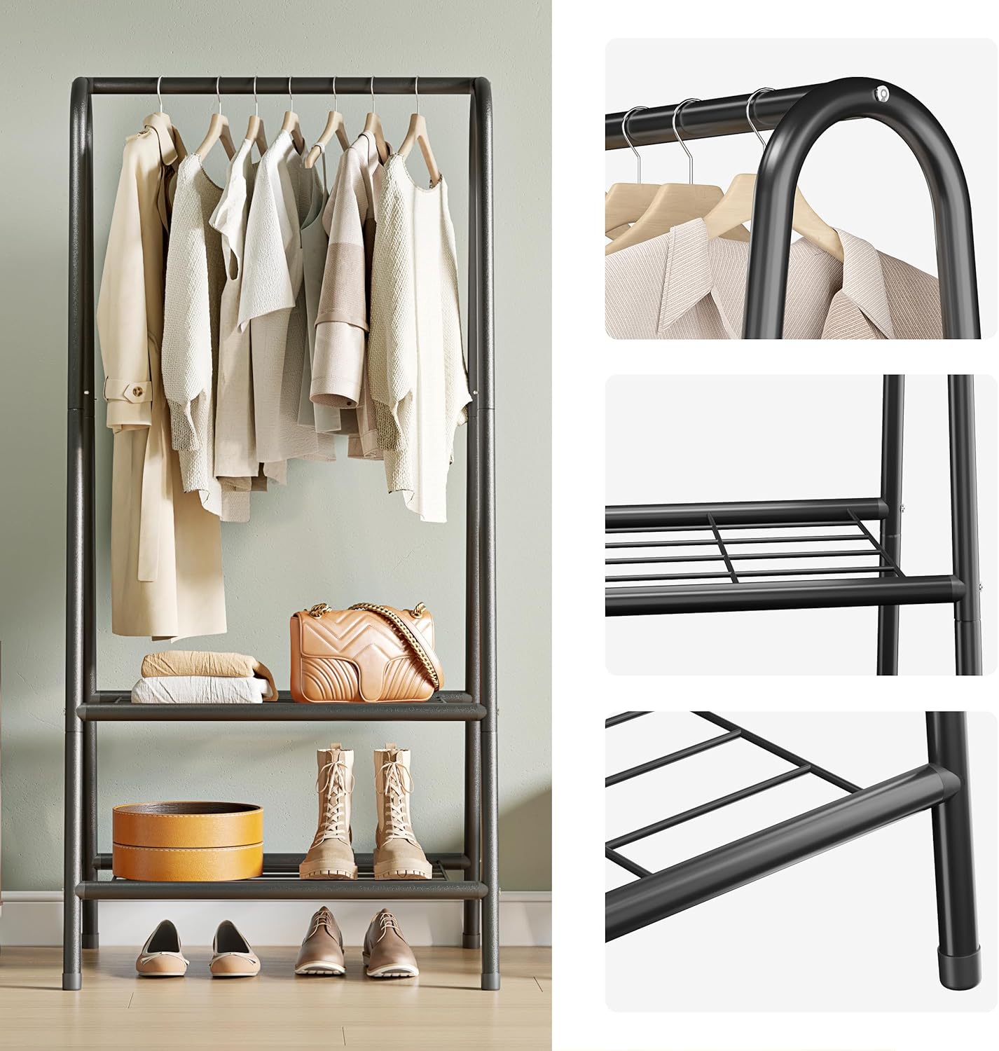 JOISCOPE Metal Clothing Rack with 2 Shelves – 62 Inch Sturdy Garment Rail