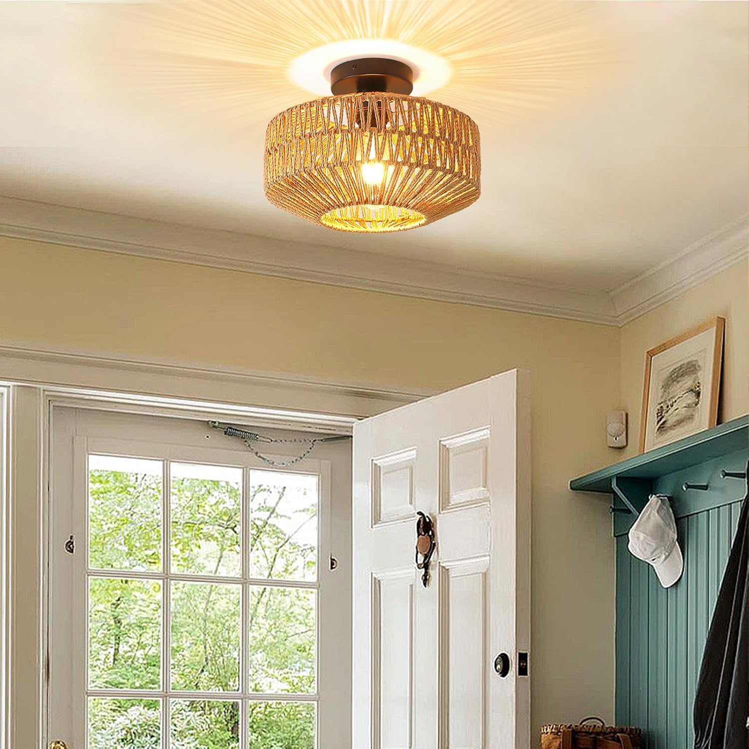 Schindora Boho Rattan Ceiling Light – Rustic Braided Woven Lamp Shade