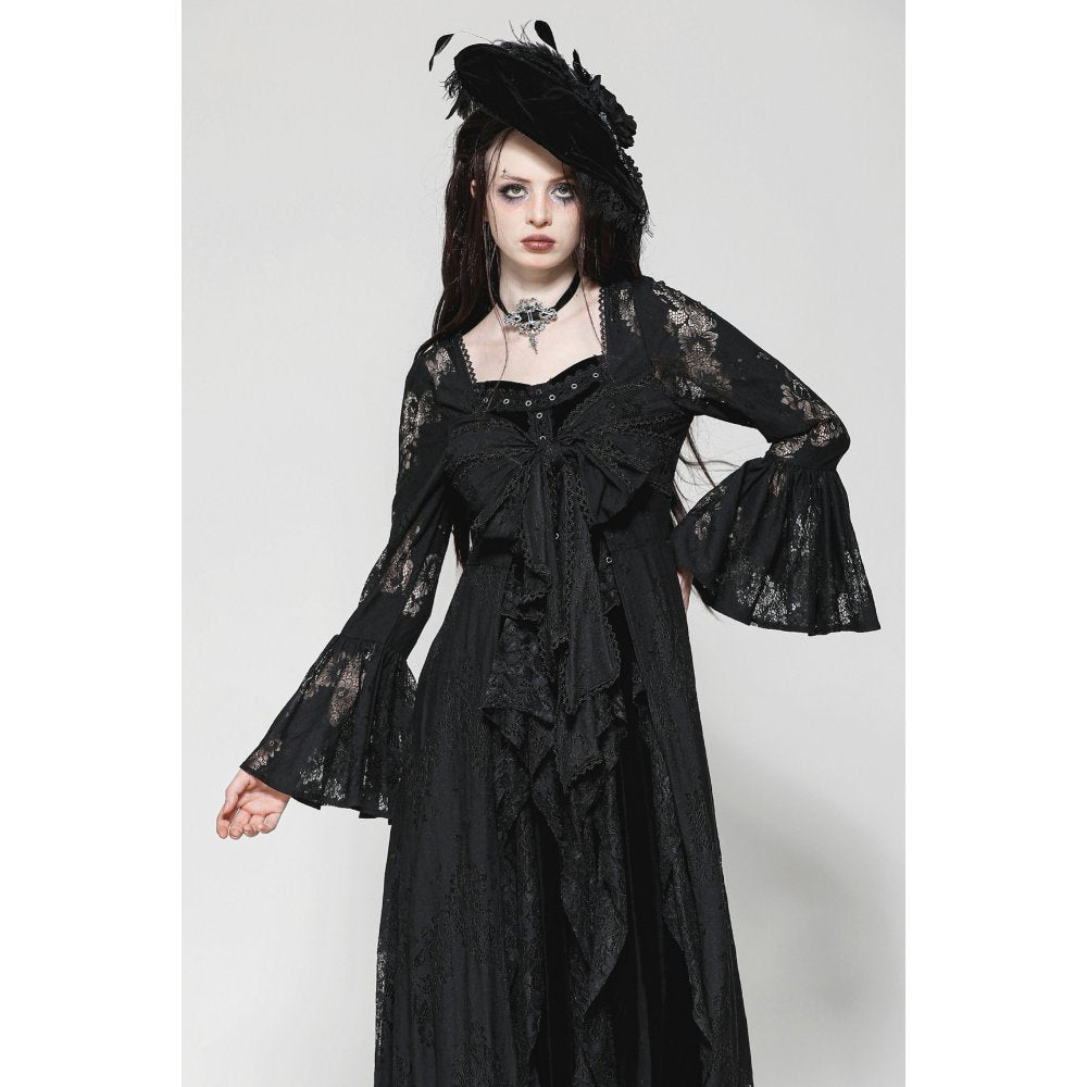 Dark in Love Emersyn Gothic Long Robe – Floral Lace Bell Sleeve
