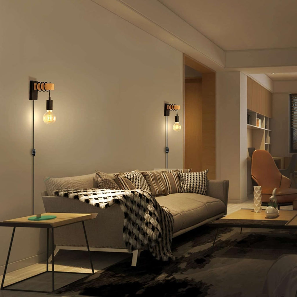 Lightess Dimmable Plug-In Wall Sconces – 2-Pack Black Wood Lighting