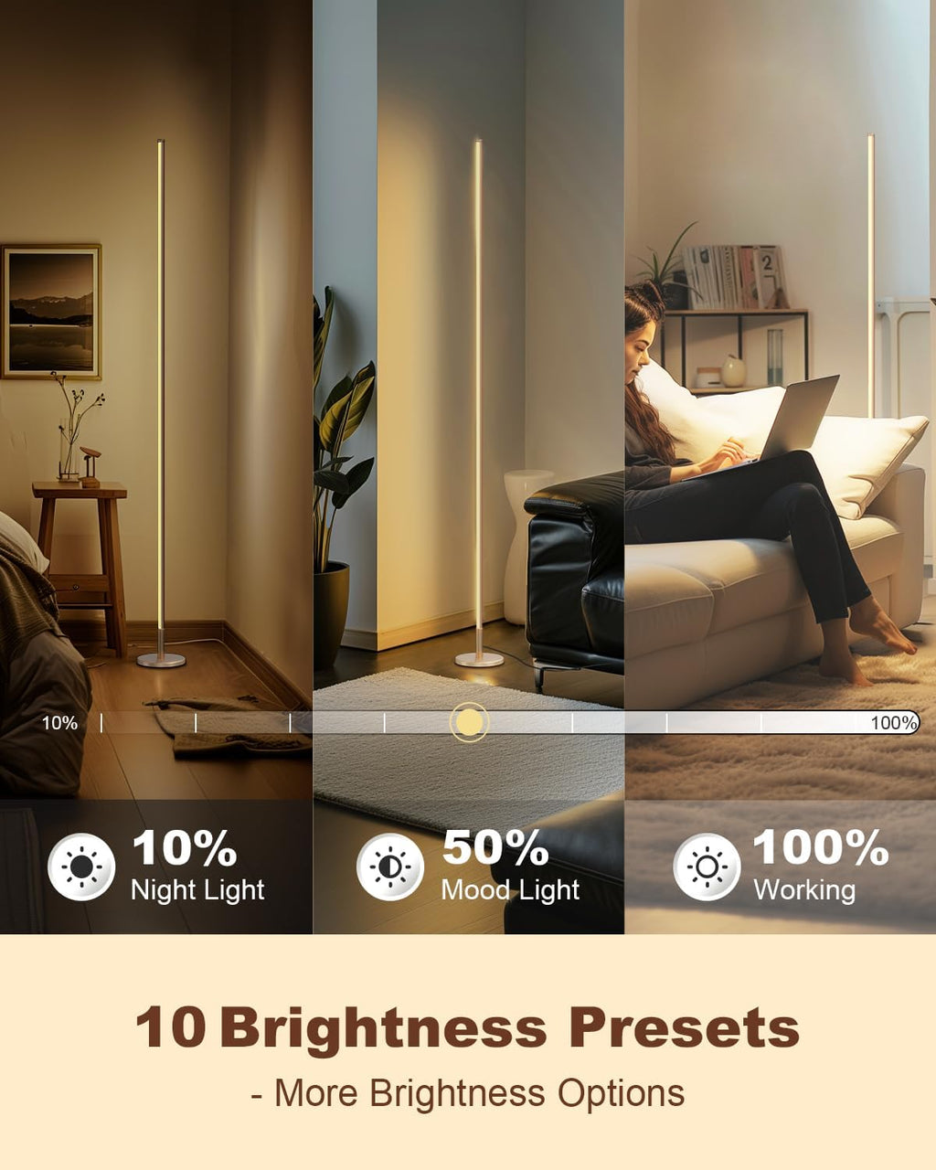 TACAHE LED Corner Floor Lamp – Dimmable Minimalist Mood Light, 57" Gold