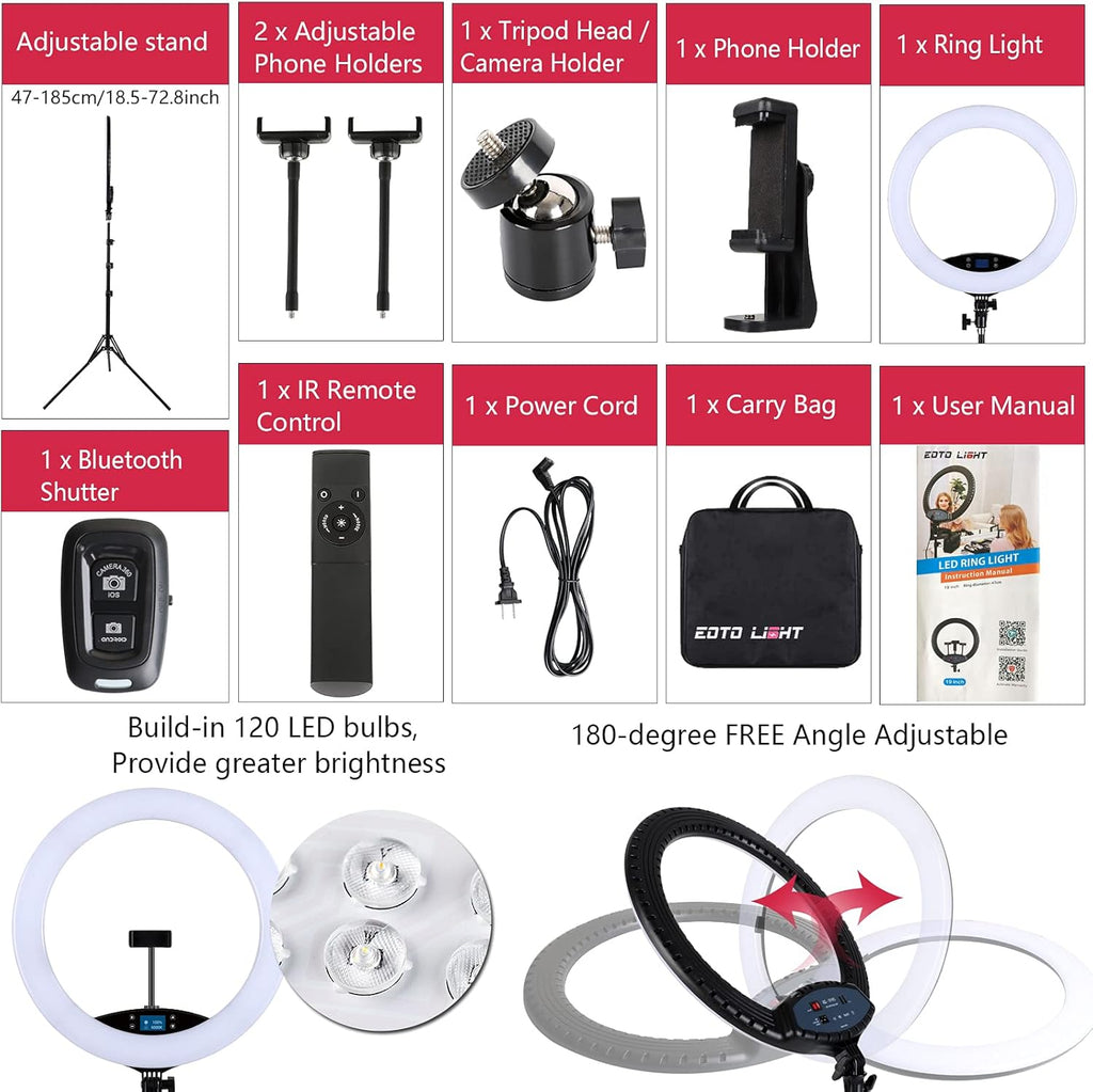 EOTO 19'' LED Ring Light with Tripod | Dimmable LCD Touch Vlogging Kit