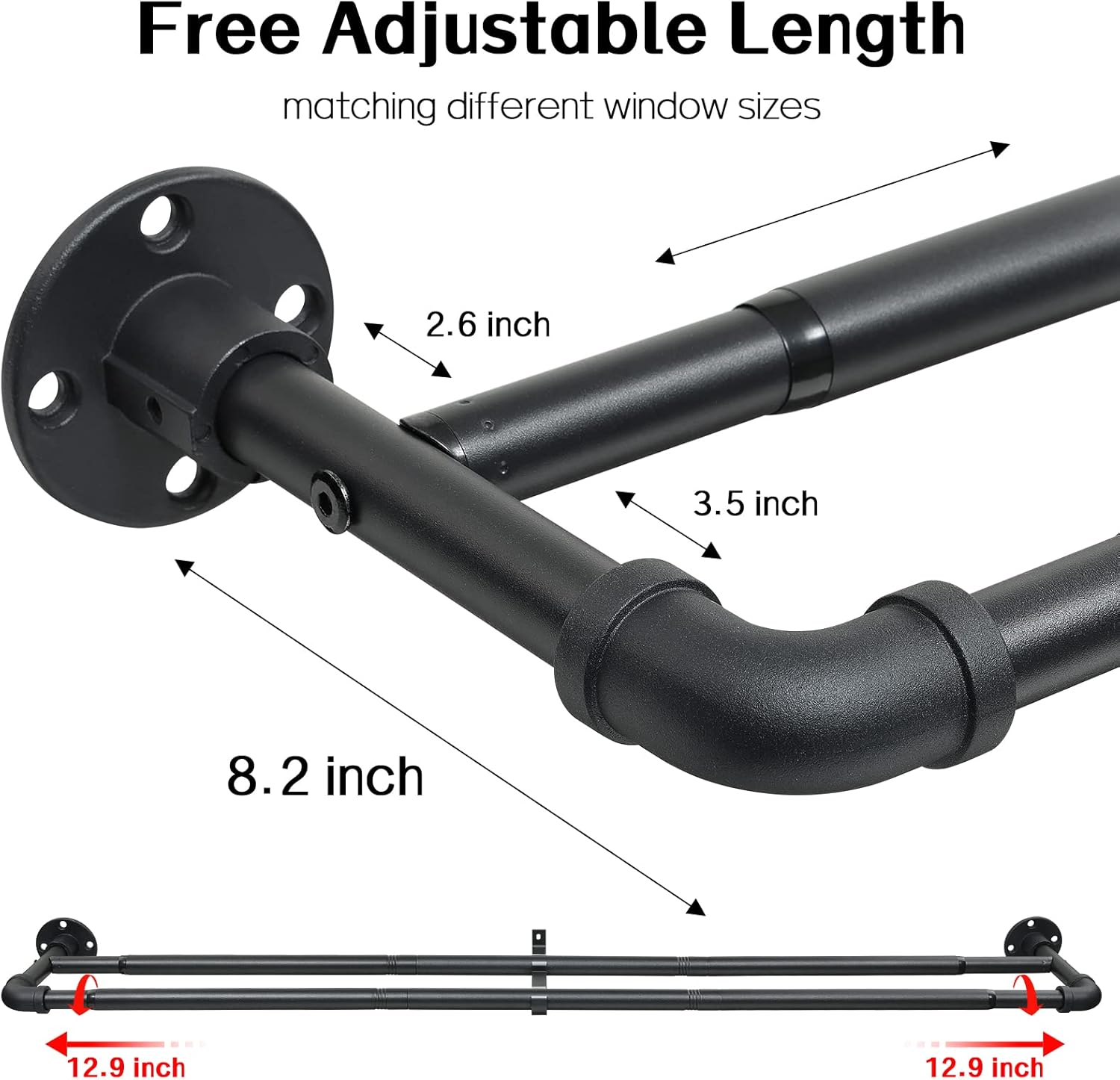 Harrms Double Curtain Pole – Black Industrial Extendable Rod 74–236cm