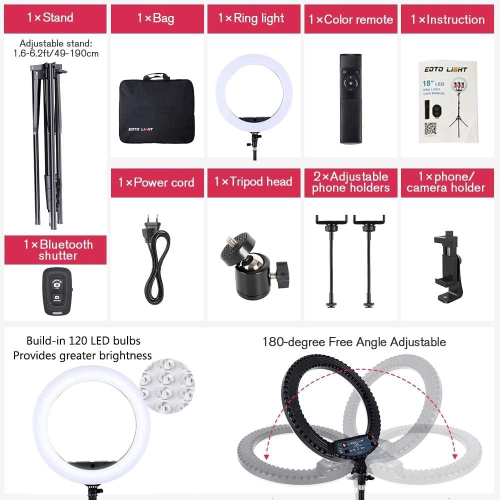 EOTO 18'' LED Ring Light with Tripod | Dimmable Studio Makeup Light