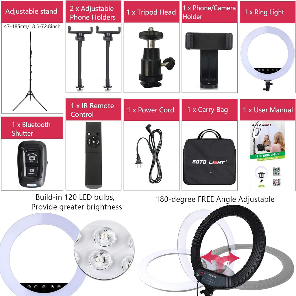 Eoto 18 Inch LED Ring Light with Tripod Stand and Remote Control