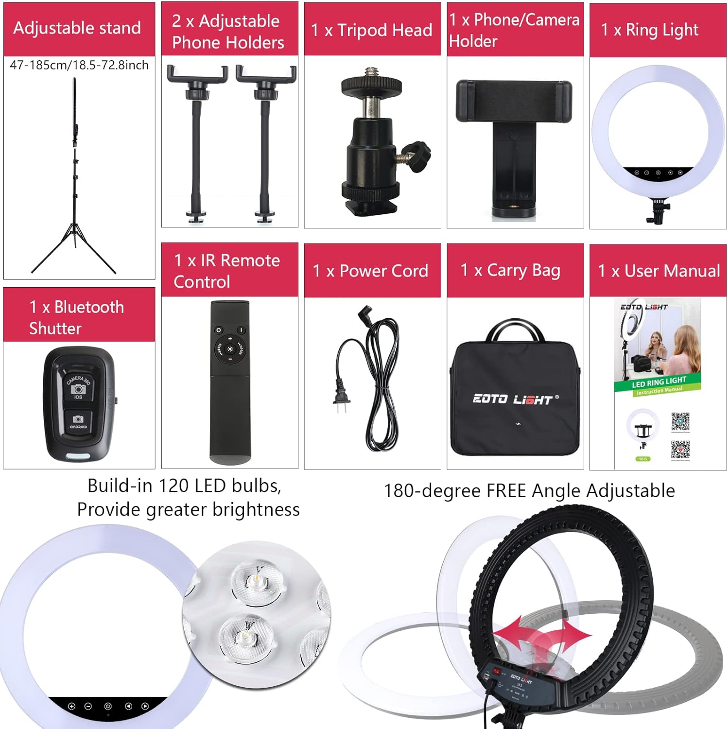 Eoto 18 Inch LED Ring Light with Tripod Stand and Remote Control