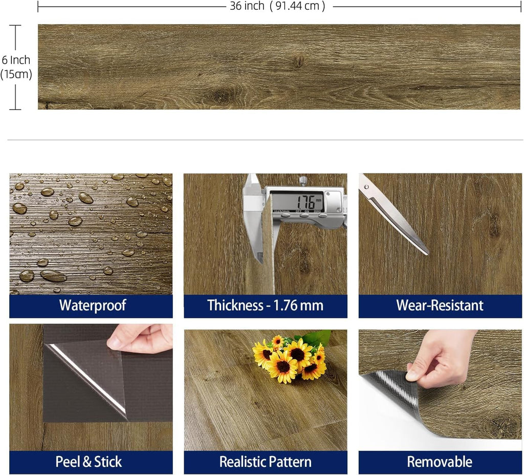 FunStick Beech Wood Effect Vinyl Floor Tiles - 35 Pcs Peel and Stick