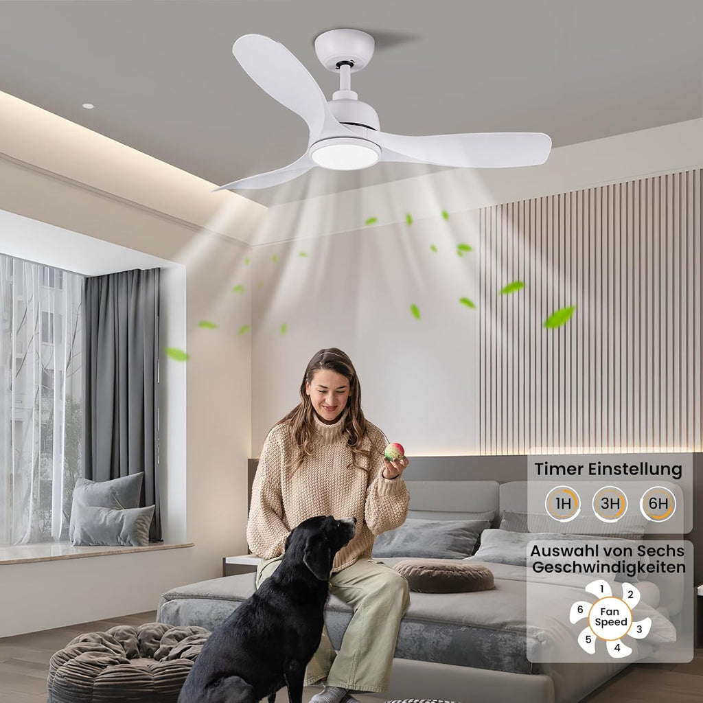 CJOY 42" White Ceiling Fan with Dimmable LED Light and Remote | Quiet DC Motor