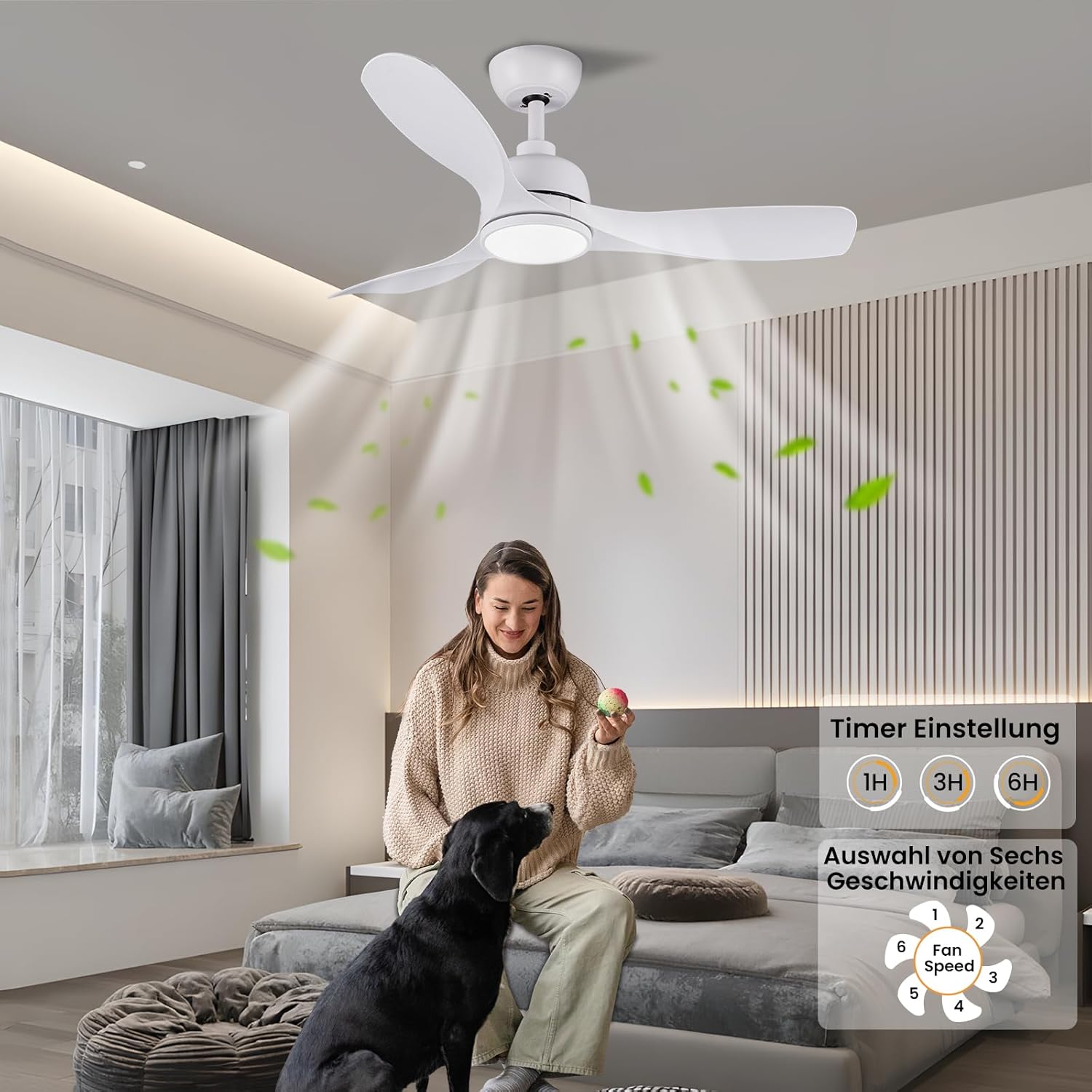 CJOY 42" White Ceiling Fan with Dimmable LED Light and Remote | Quiet DC Motor