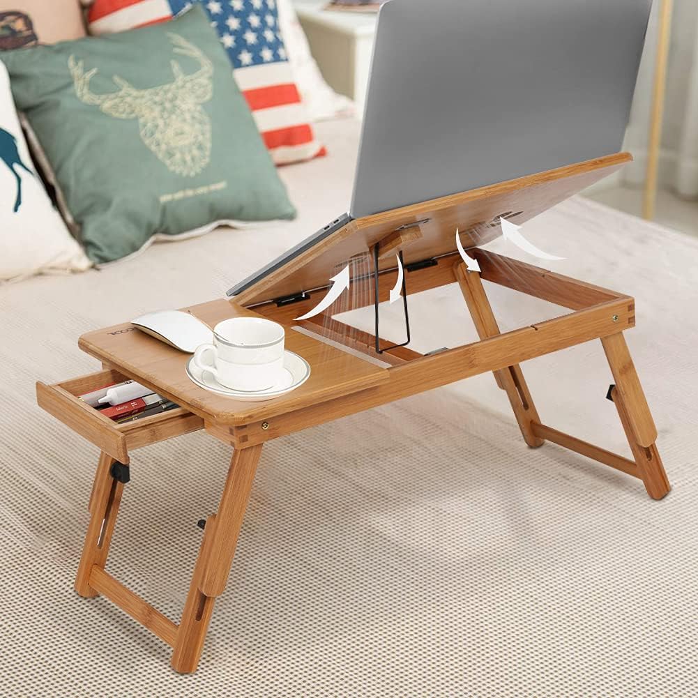 Ejoyous Bamboo Laptop Desk | Adjustable Bed Tray with Drawer & Vent