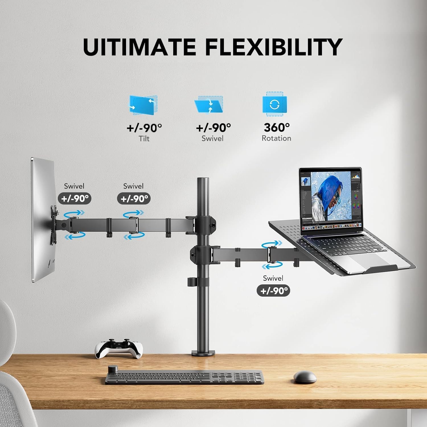 HUANUO Dual Monitor Arm with Laptop Tray - Fits 13-32" Screen & 17" Laptop