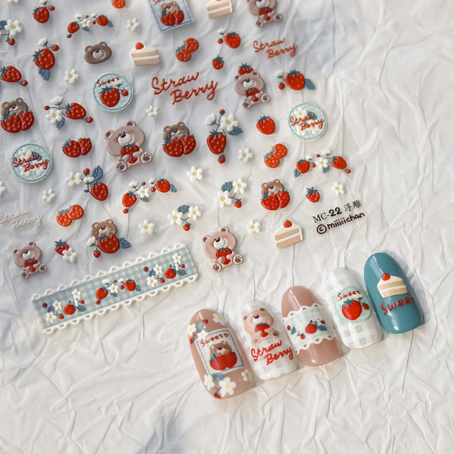 Strawberry Bear 5D Nail Deco Stickers | LuLuFun Studio Art Decals