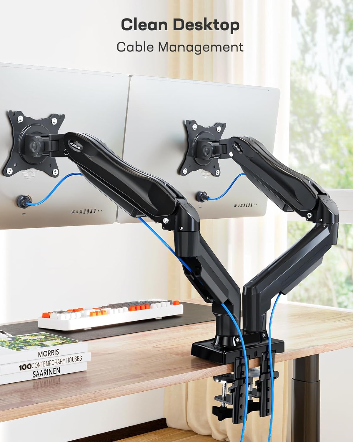 HUANUO Dual Monitor Arm – Gas Spring Desk Mount for 13–32" Screens