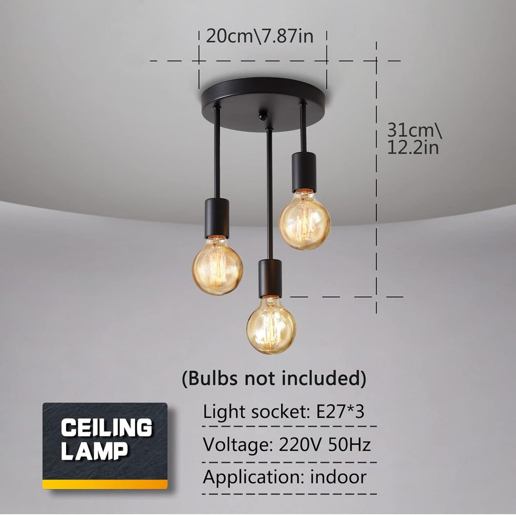 Lightsjoy 3-Way Black Ceiling Spotlight – Industrial E27 Metal Light