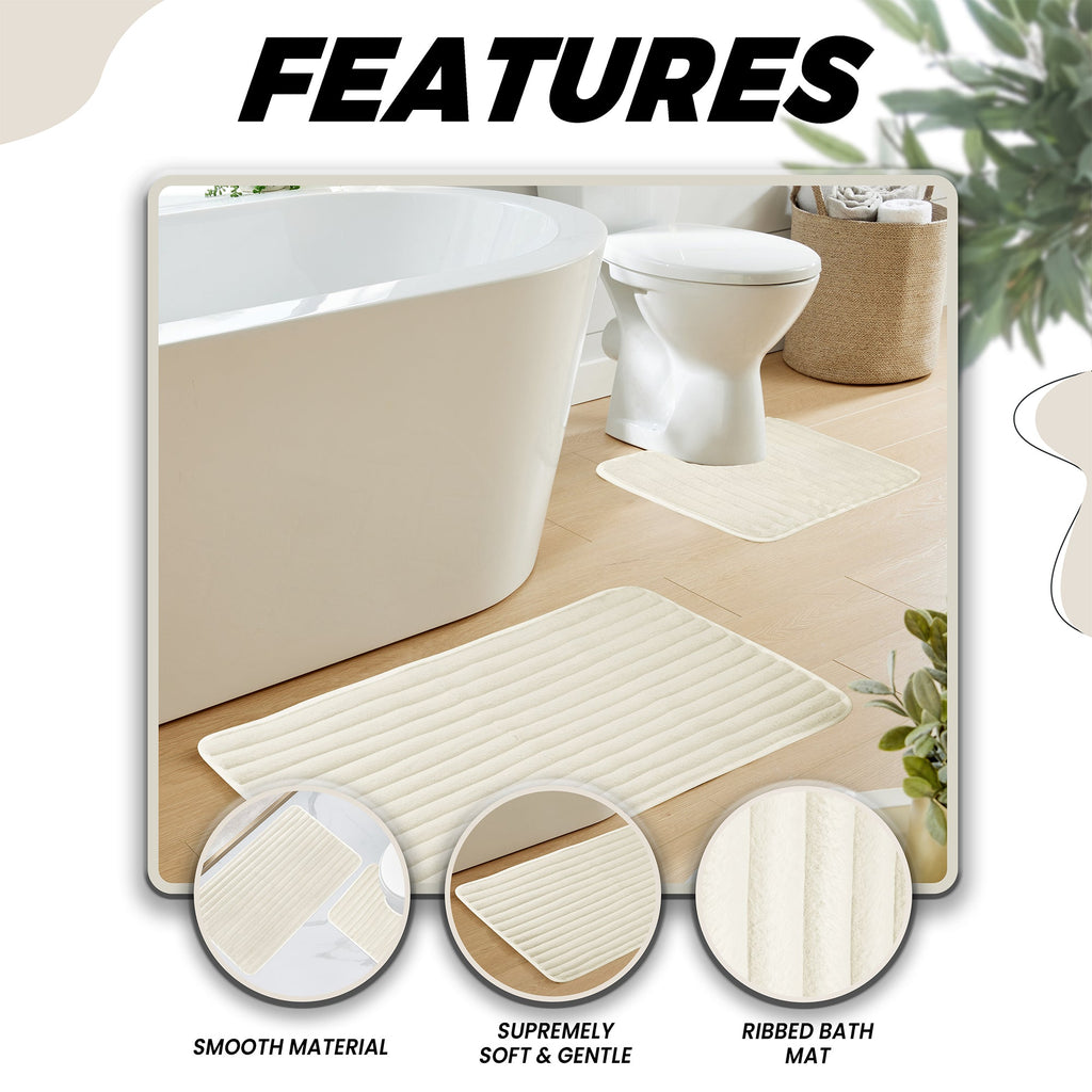 OLIVIA ROCCO 2 Piece Ribbed Bath Mat Set – Non-Slip Absorbent Cream Mats