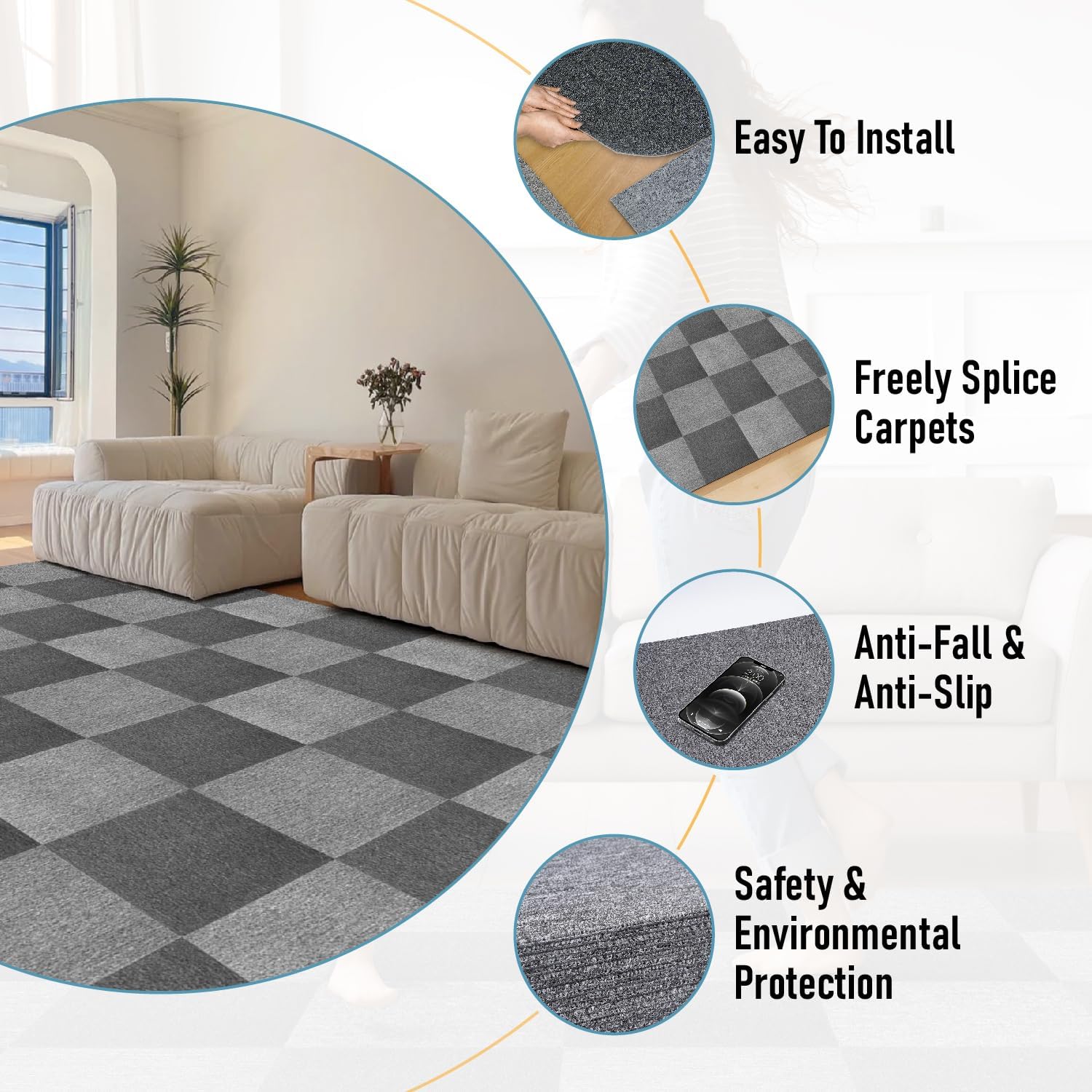 Nisorpa Dark Grey Carpet Tiles | 20PCS Heavy Duty Commercial Flooring