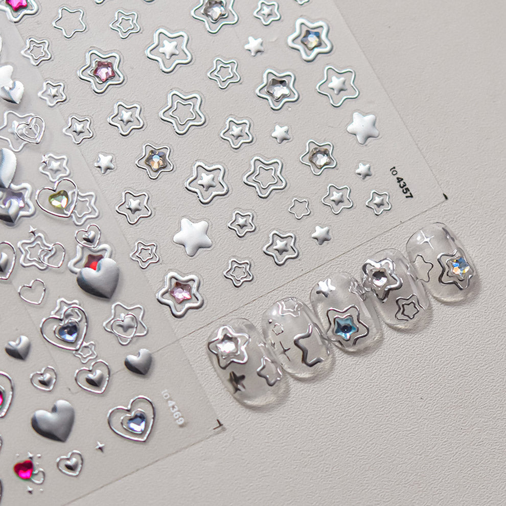 LuLuFun Studio Silver Star Heart 5D Nail Deco Stickers - 1 Sheet
