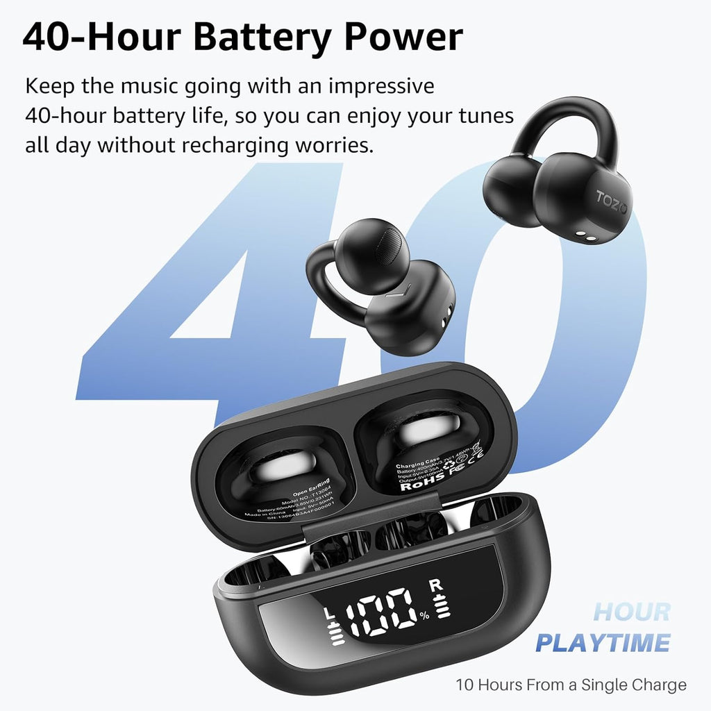 TOZO OpenEarRing Clip On Wireless Earbuds - 40H Playtime Bluetooth 5.4