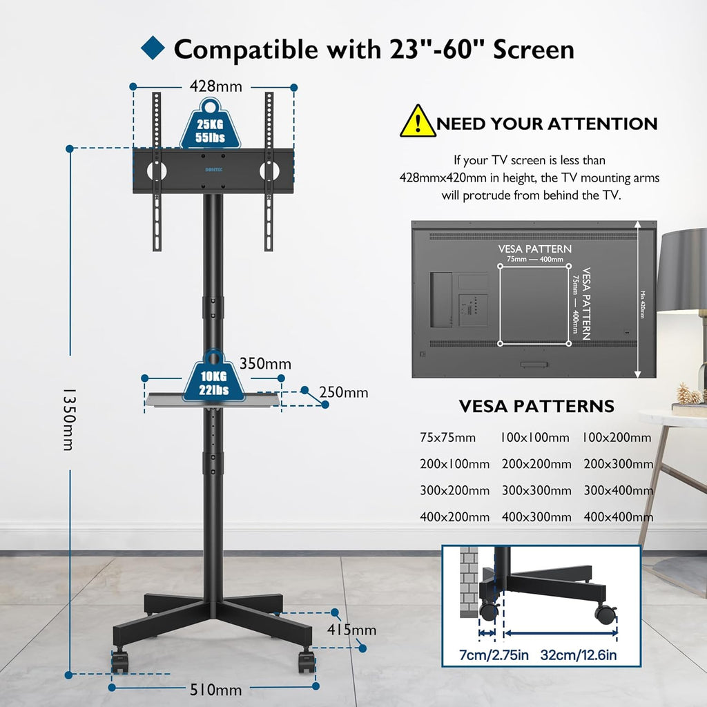 BONTEC Mobile TV Stand on Wheels | 23-60 Inch Height Adjustable Cart