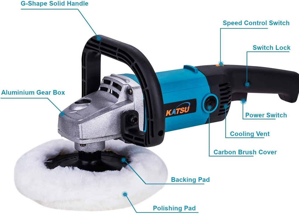 KATSU 1200W Car Polisher & Rotary Buffer Kit with 20PCS Sponge Set