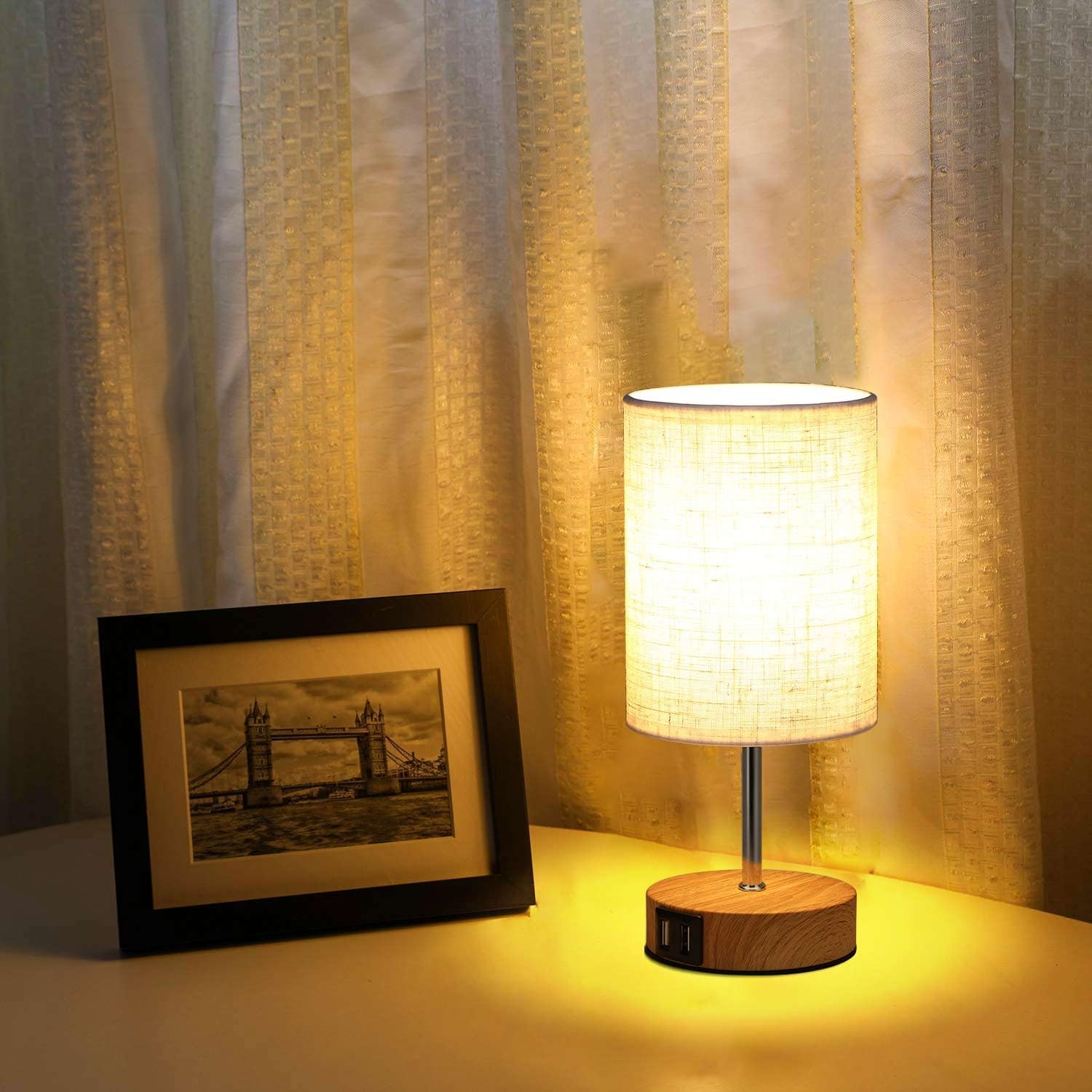 Lightess Touch Bedside Lamps - Set of 2 Dimmable Wood USB Table Lamps