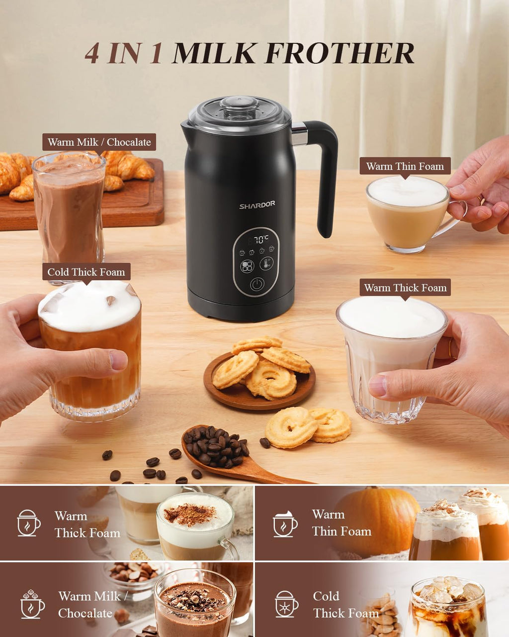 SHARDOR 4-in-1 Electric Milk Frother and Steamer with LED Display