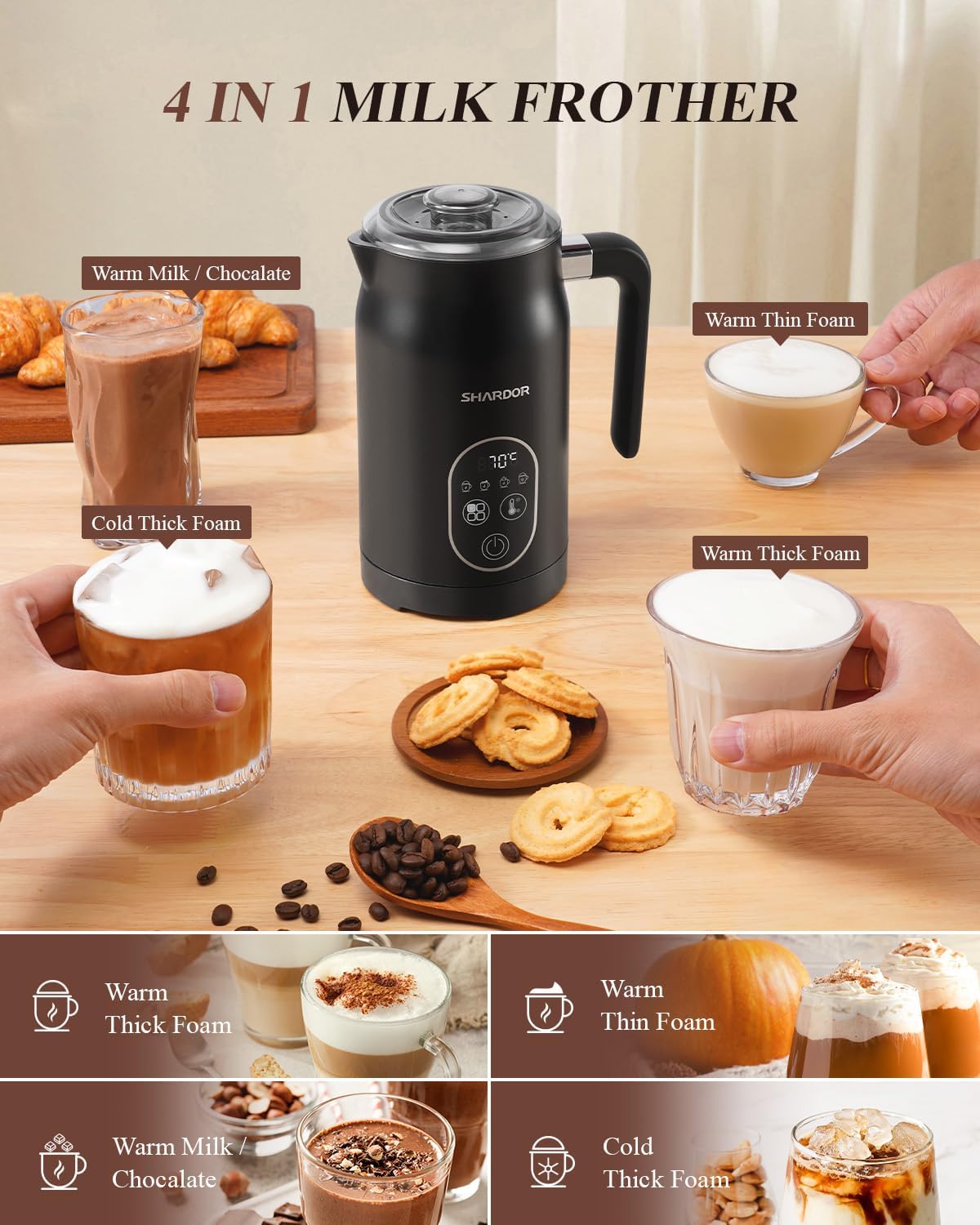SHARDOR 4-in-1 Electric Milk Frother and Steamer with LED Display