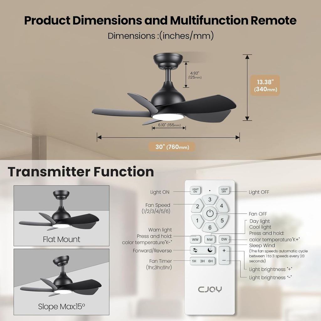 CJOY 30" Ceiling Fan with Light | Quiet DC Motor 5-Blade Modern Fan