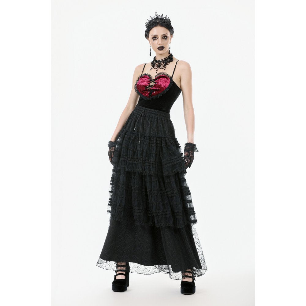 Dark in Love Morticia Gothic Velvet & Lace Tiered Skirt in Black