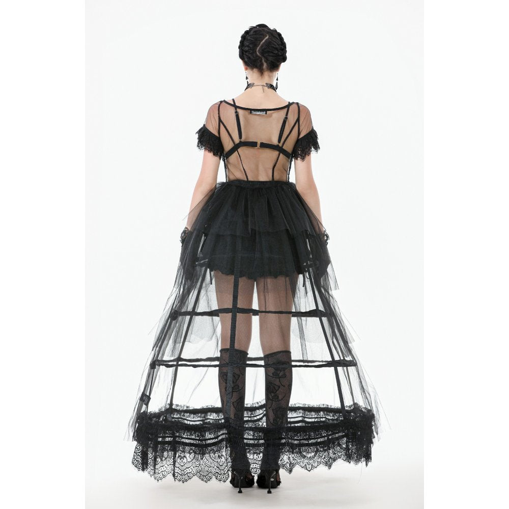 Dark in Love Gothic Hoop Cage Skirt with Lace Trim - Black