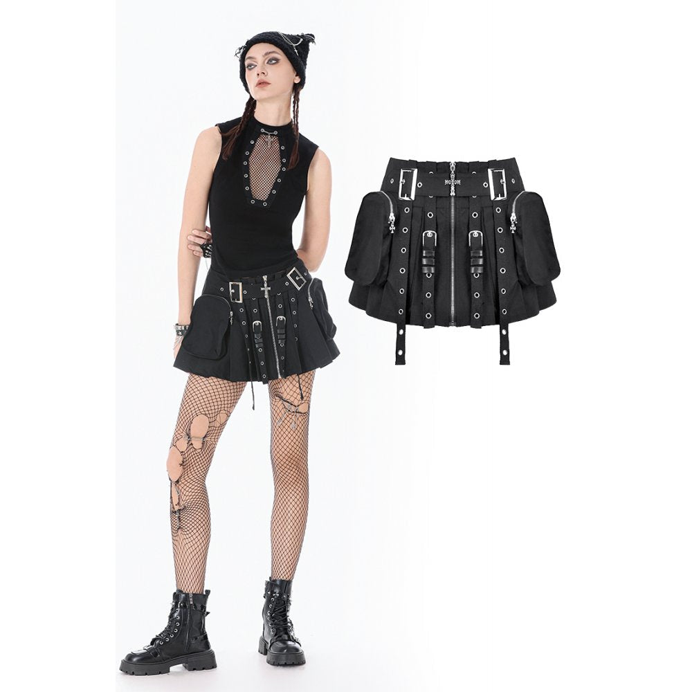 Dark in Love Metal Tactical Punk Mini Skirt with Buckle Straps - Black