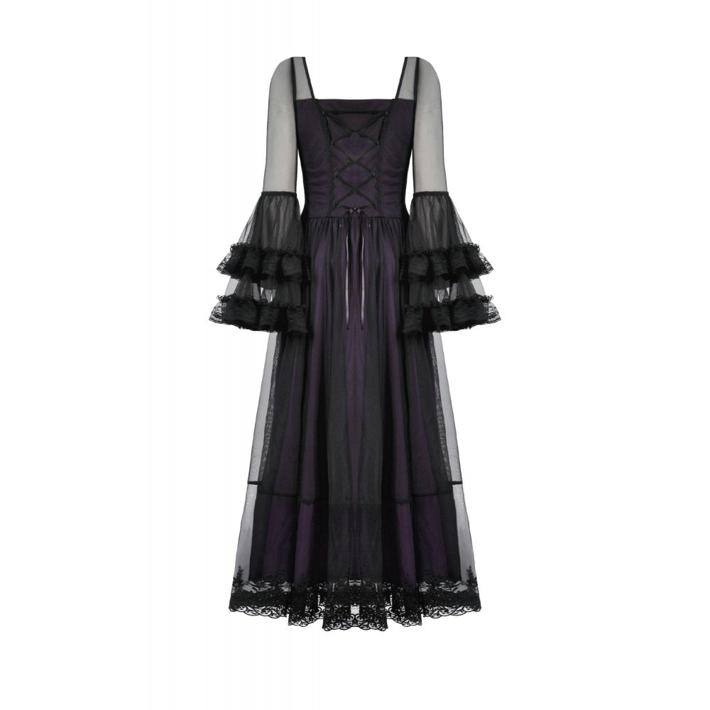 Dark in Love Lilith Gothic Maxi Dress – Black & Plum Bell Sleeve