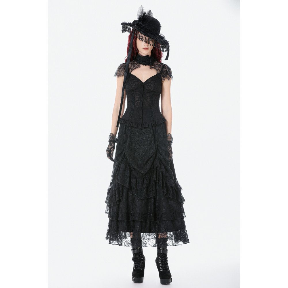 Dark in Love Vintage Gothic Lace Layered Maxi Skirt - Black Victorian