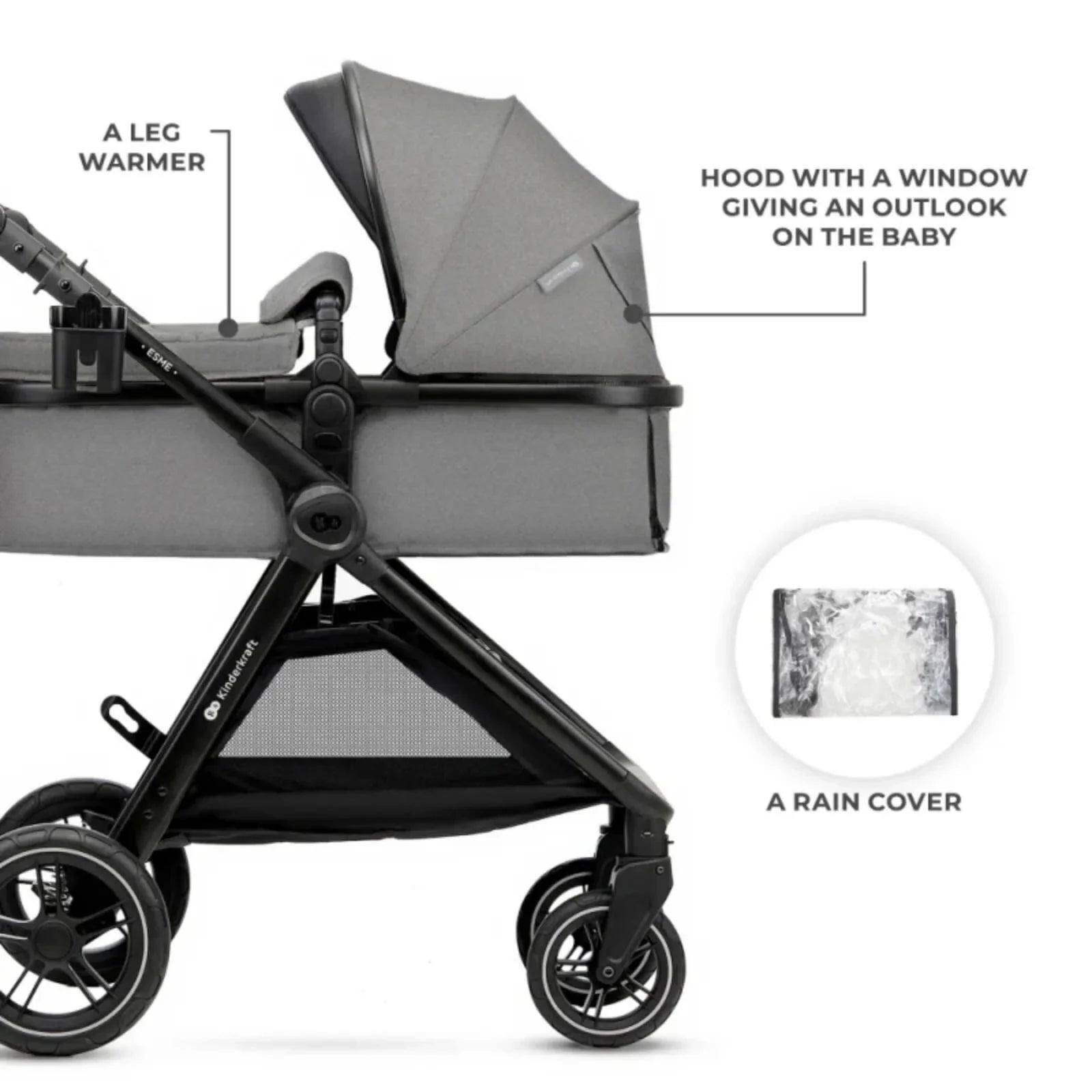 Kinderkraft Esme Pro 3-in-1 Travel System with Mink Pro Car Seat - Moonlight Grey