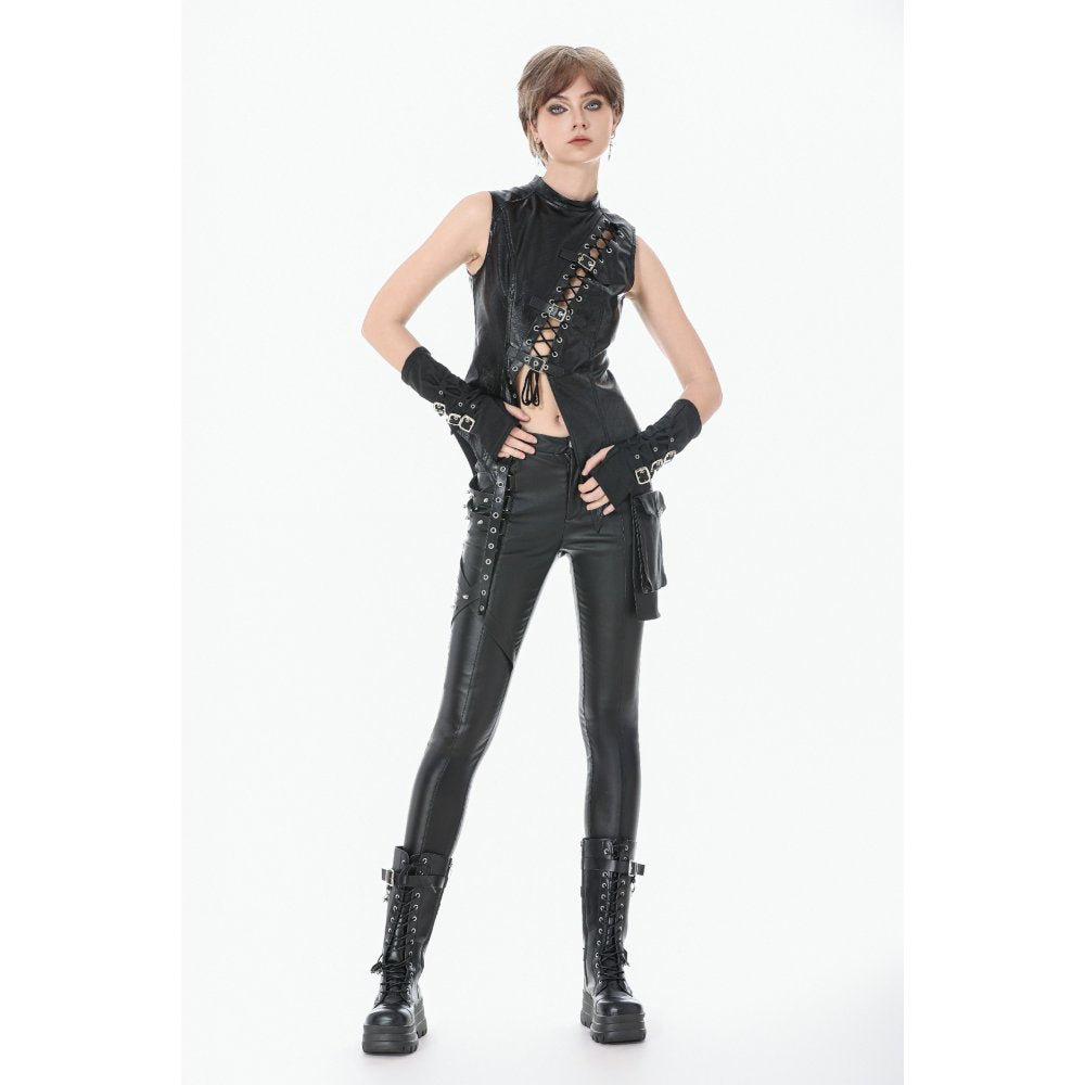 Dark in Love Punk Leather-Look Strap Detail Trousers | High-Waisted