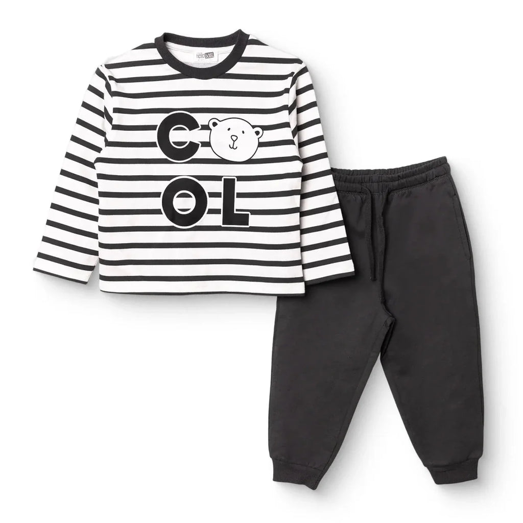 HelloBaby Boys Tracksuit Set Bear Print Lace-up Cool Boy Crew Neck Full Length Long Sleeve - Black Printed