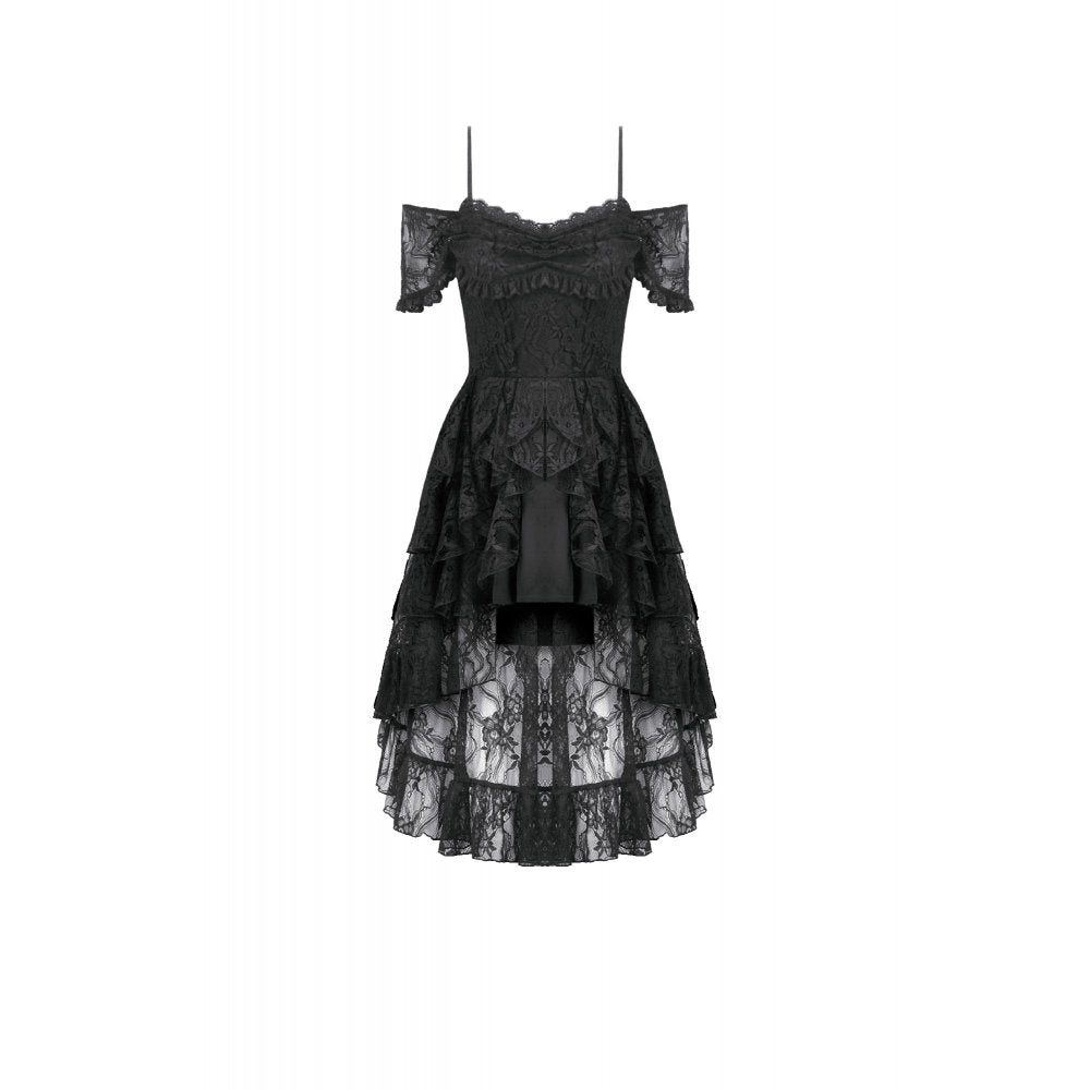Dark in Love Gothic Lace High-Low Dress – Black Off-Shoulder Gown