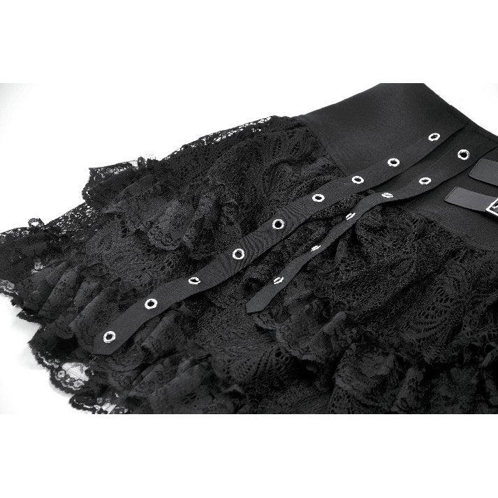 Dark in Love Black Punk Eyelet Lace Layered Mini Skirt with Buckles