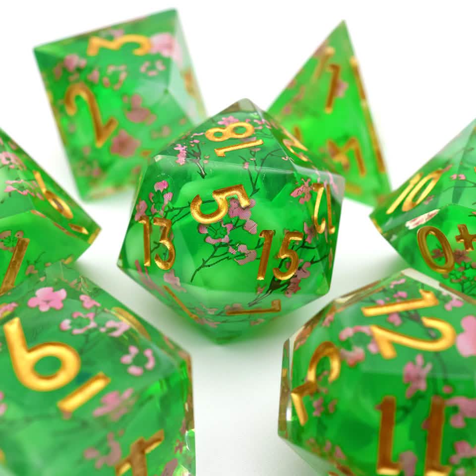 Matcha Blossom | Sharp Edge Dice | Resin | 7 Piece Set
