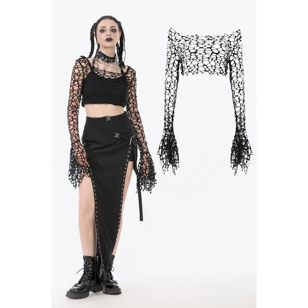 Dark in Love Morana Black Mesh Crochet Knit Bell Sleeve Crop Top