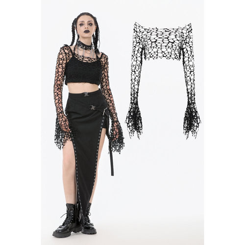 Dark in Love Morana Black Mesh Crochet Knit Bell Sleeve Crop Top