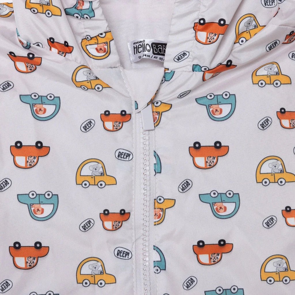 HelloBaby Boys Raincoat Car Print Zip Fastening Hooded Long Sleeve - Ecru Printed