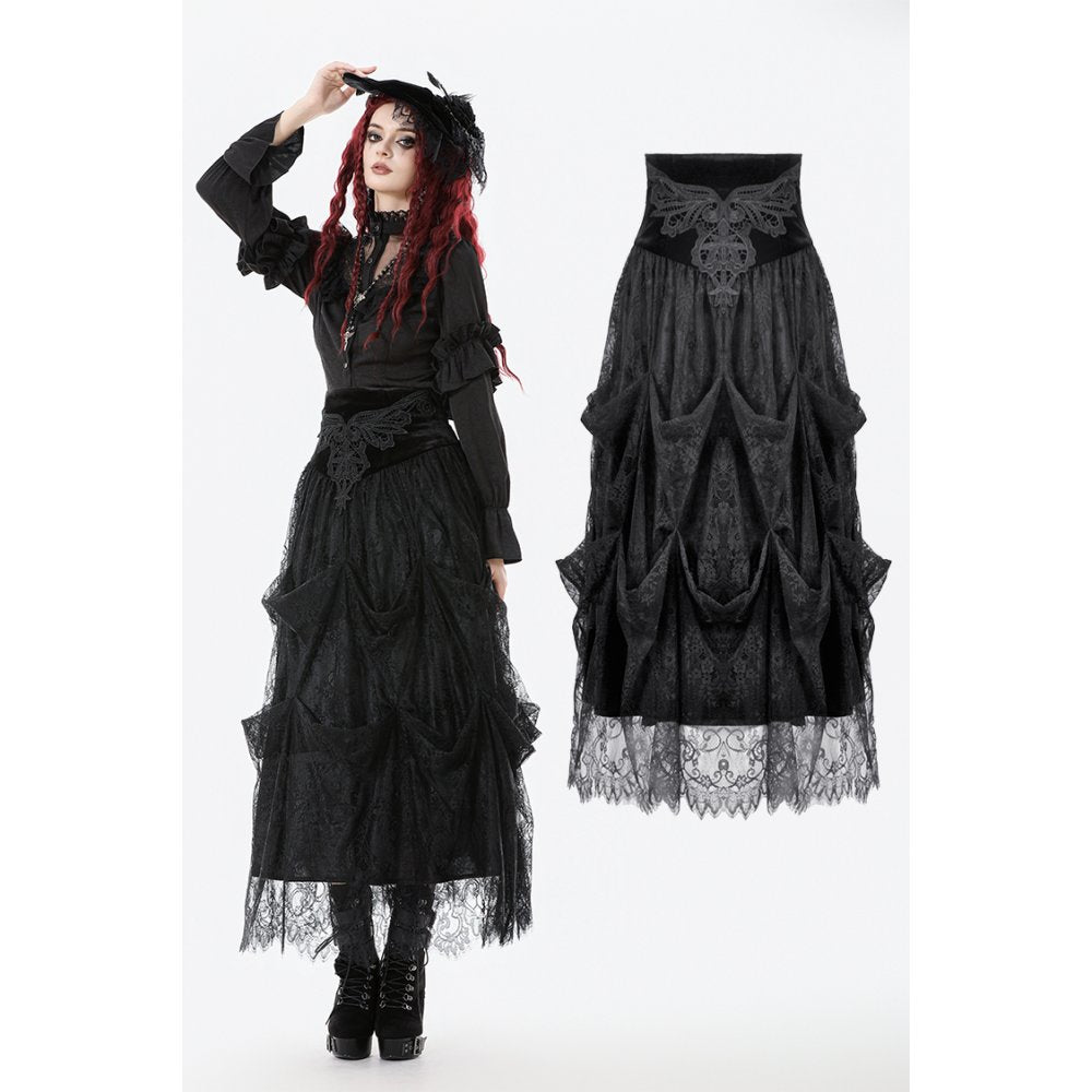 Dark in Love Gloriana Gothic Black Tulle and Lace Draped Maxi Skirt