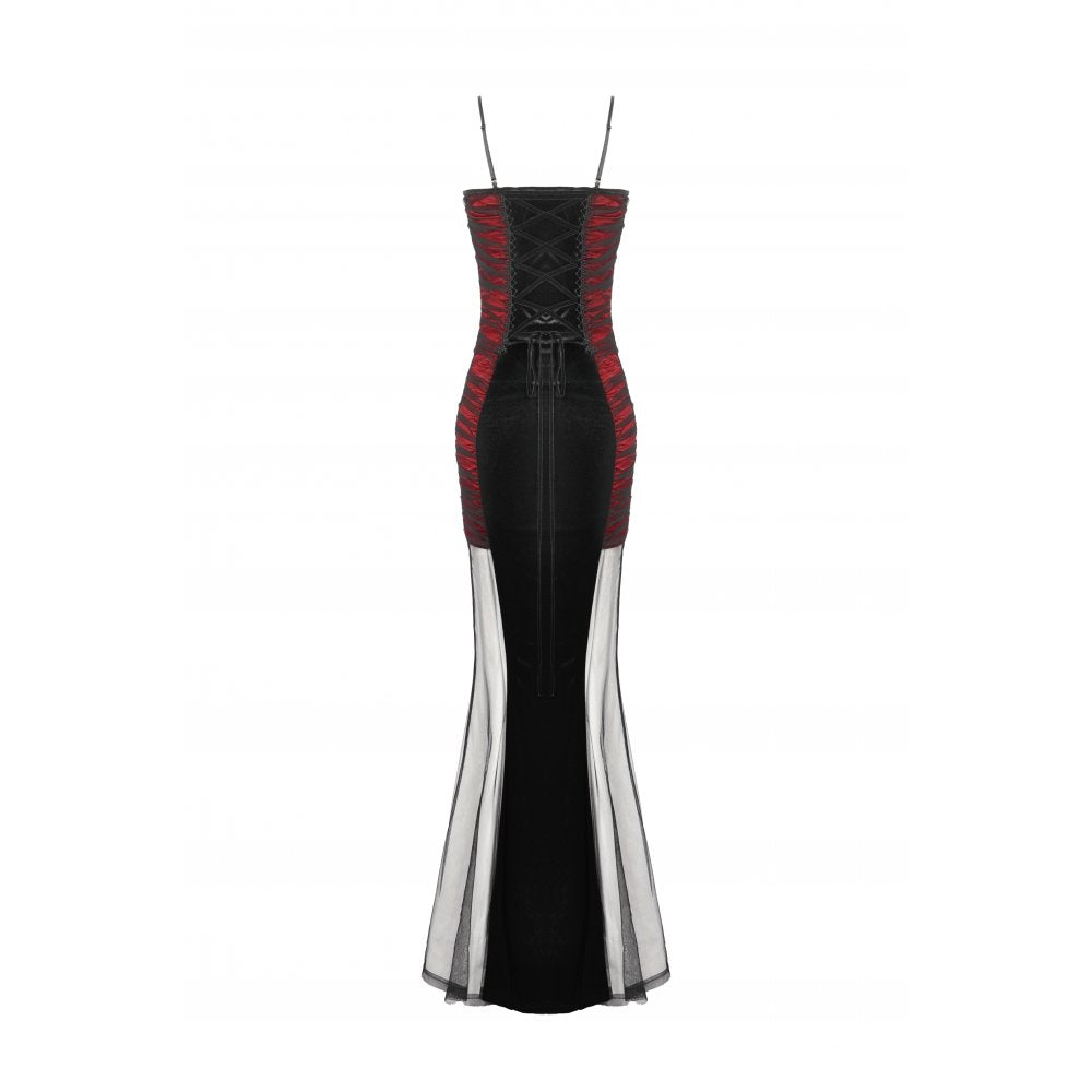 Dark in Love Lilith Goth Gown – Red & Black Velvet Mesh Panel Dress