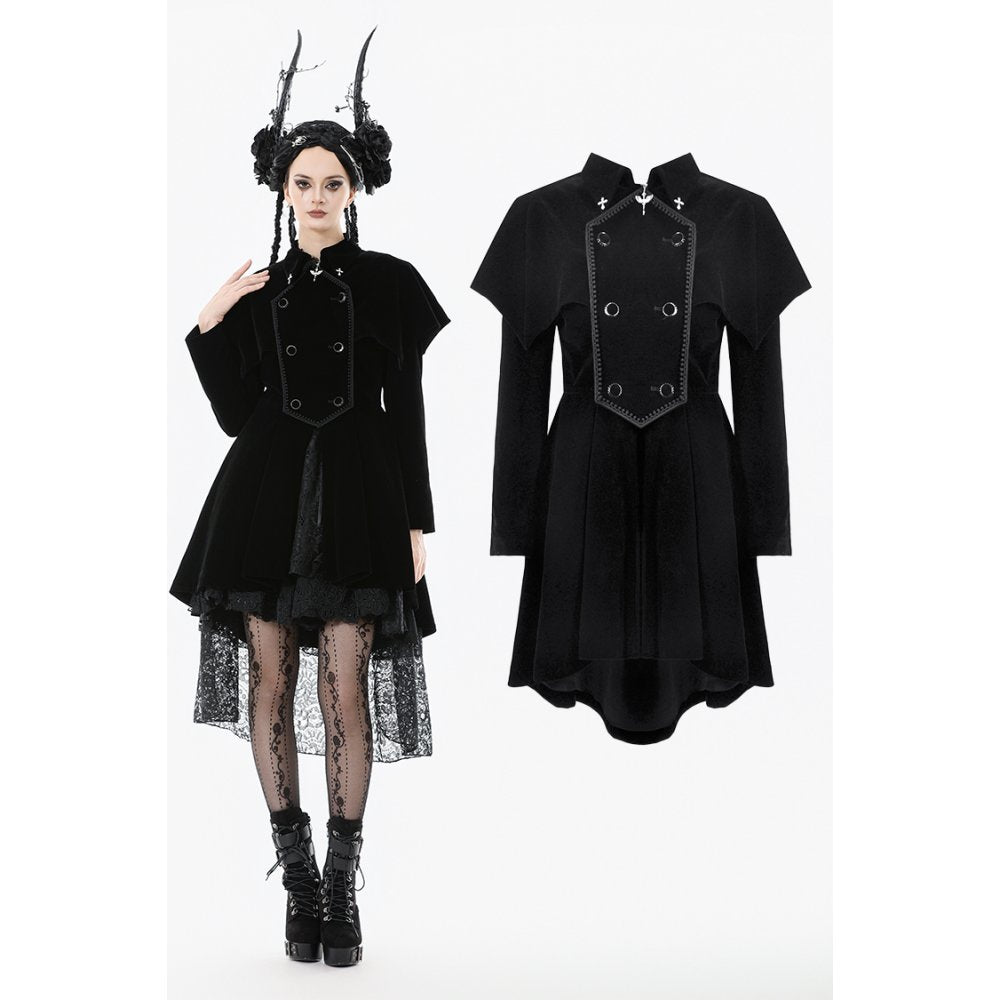 Dark in Love Lilith Officer Velvet Coat – Black Gothic High-Low Jacket