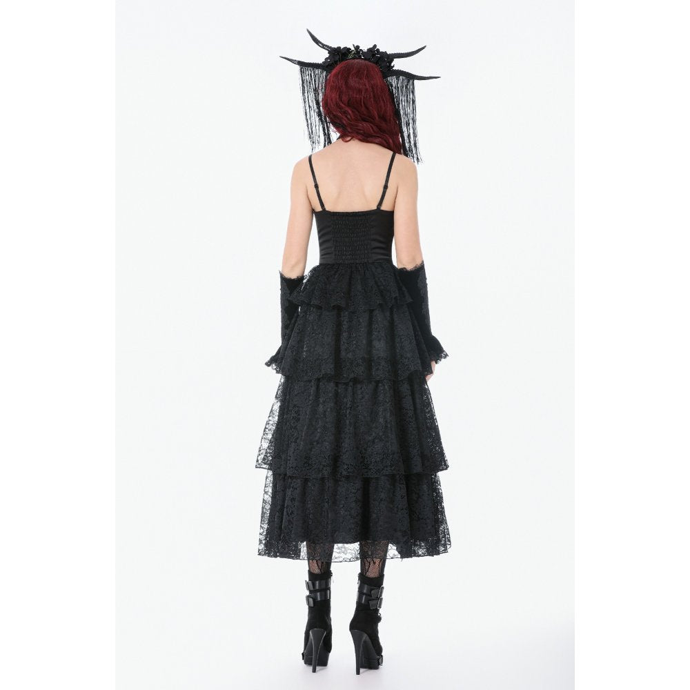 Dark in Love Black Gothic Satin and Lace Tiered Corset Dress