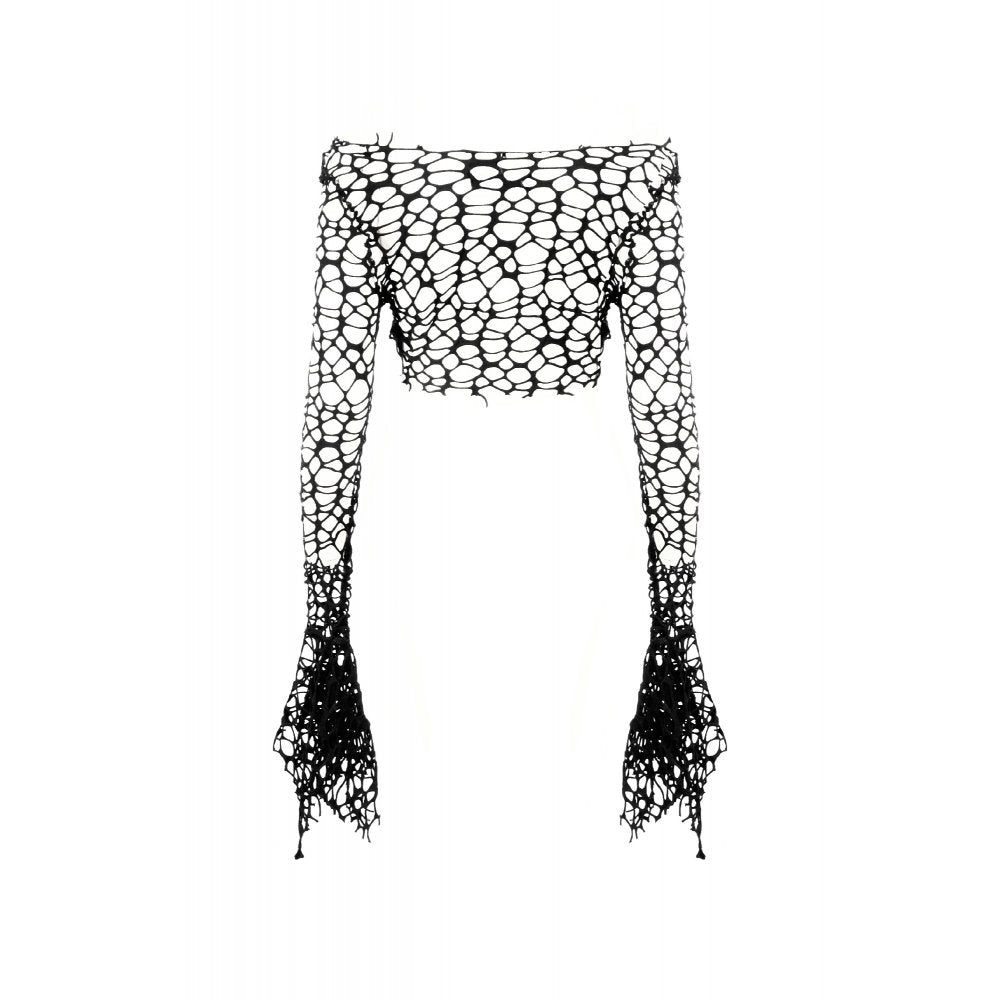 Dark in Love Morana Black Mesh Crochet Knit Bell Sleeve Crop Top