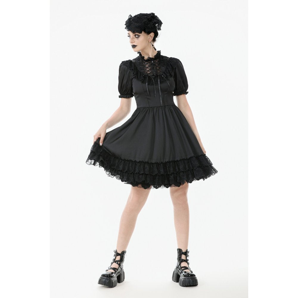 Dark in Love Belladonna Goth Dress – Black Lace-Up Puff Sleeve