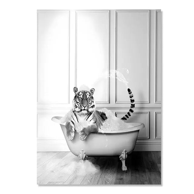 Modern Animal Bathroom Poster – Black & White Canvas Wall Art Print